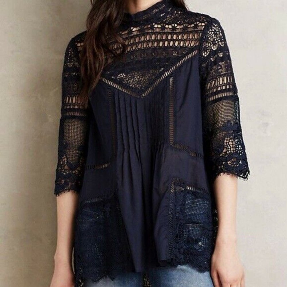 Plenty by Tracy Reese Victoria Lace Tunic Top Navy